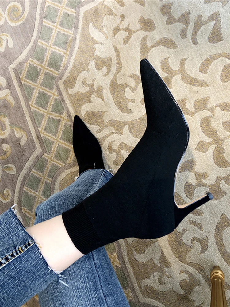 

Women's Comfortable Elastic Socks Boots 2019 New Knit Ankle Boots Pointed High Heel Booties