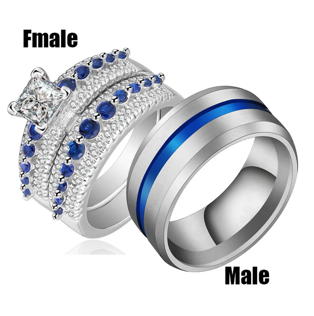 Black Silver Engagement Wedding Couples Ring Set Womens 2pcs Princess White CZ Blue Mens 316L Stainless Steel Jewelry