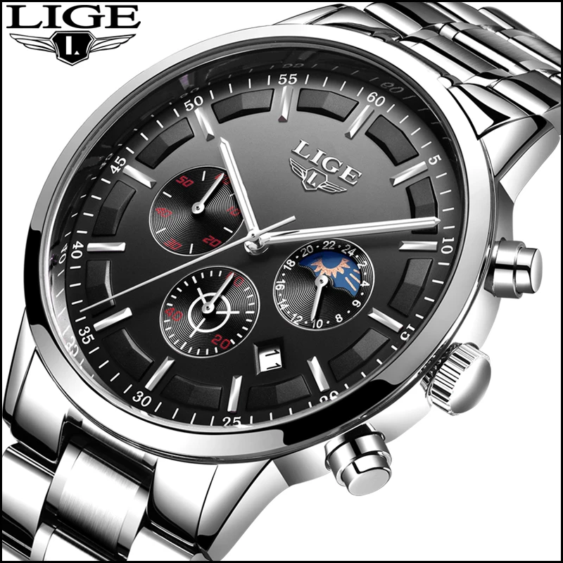 2018 New Swag Men Watches Brand LIGE Moon Phase Shining Black Dial Waterproof Business High Quality Casual Sport Quartz Watch