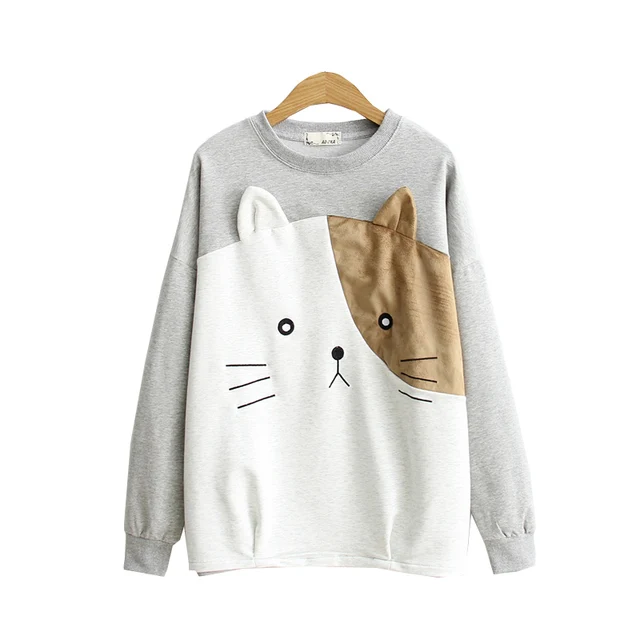 Japoński Styl Harajuku Bluzy Kawaii Big Cat Twarzy Kreskówki Japoński Mori Kawaii Kobiet Hoodie Twarz Kota Z Cute Uszu