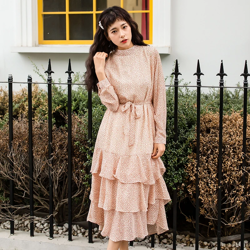 

BGTEEVER Vintage Stand Collar Floral Printed Women Dress Cascading Ruffles Female Chiffon Dress 2019 Ladies Lace Up Vestidos