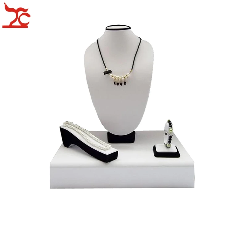 EMS free 4Pcs Jewelry Display Showcase Counter White And Black Necklace Bust Organizer Holder Wooden Bracelet Chain Stand Kit