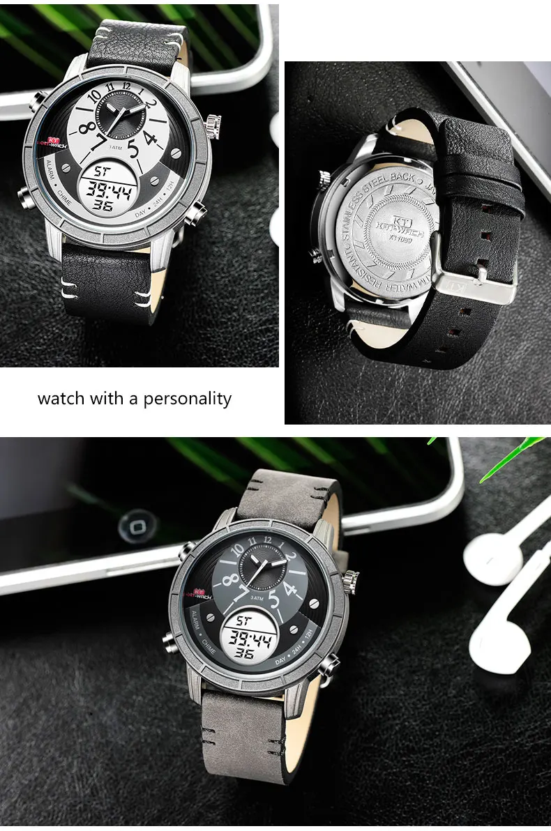 KAT-WACH, роскошные Брендовые мужские часы, кожаные, для бизнеса, спортивные, кварцевые часы, мужские, светодиодный, цифровые часы, водонепроницаемые, военные наручные часы
