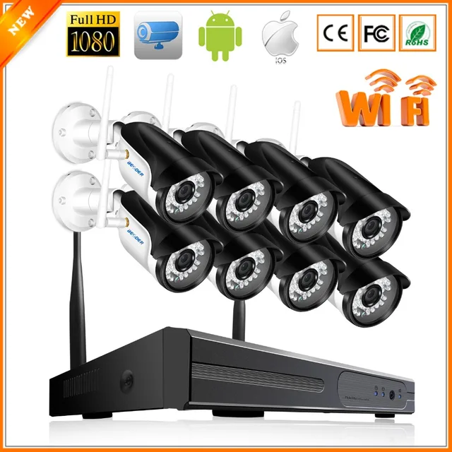 BESDER 8CH Security System NVR Kit WiFi 1080P P2P Motion Detect Surveillance CCTV Wireless System With Bullet Outdoor IP Cameras