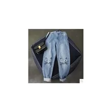 Вышитые синие женские джинсы шаровары xl Плюс Размер керосиновые повседневные свободные джинсовые брюки для девочек