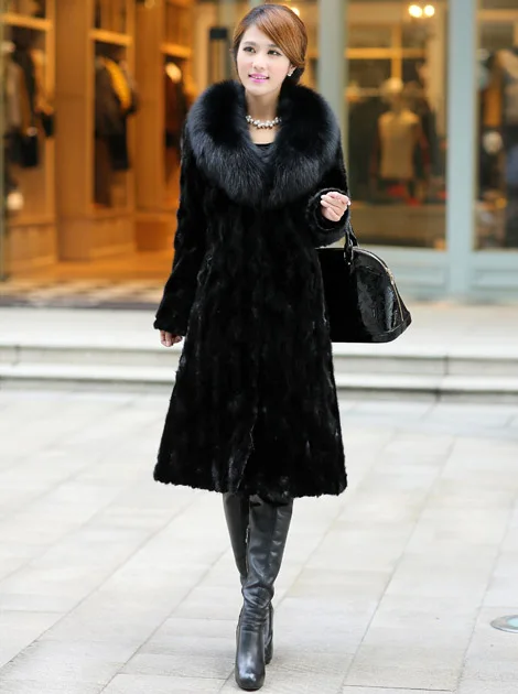 Размера плюс 8XL новое длинное зимнее пальто, верхняя одежда меховой воротник теплый костюм с искусственным мехом Coat2019 женский, Черный Лисий мех норки пальто, куртки-парки
