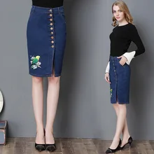 Высококачественная брендовая большая Изысканная женская джинсовая юбка с вышивкой однобортная юбка с пикантным разрезом