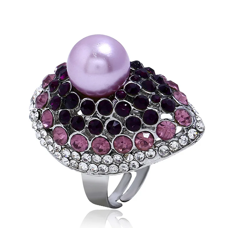 

Exaggerated Colorful Rhinestone Purple Simulated Pearl Chunky Adjustable Wedding Rings for Women Men Fashion Jewelry