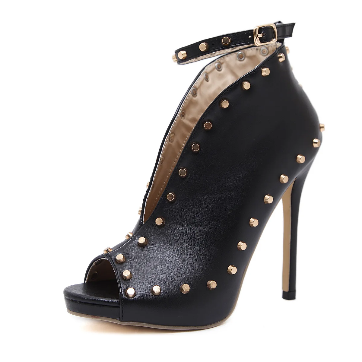

Studded Ankle Boots High Heels 12cm Punk Style Women Shoes Spring Autumn Leather Women Boots Peep Toe Strappy Sexy Lady Boots