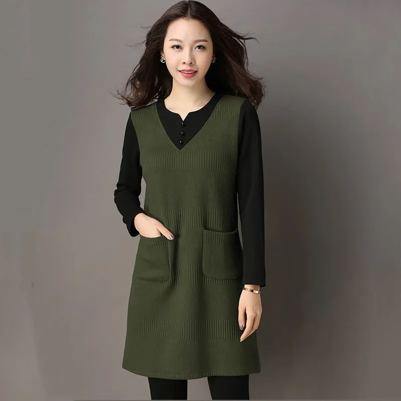 Длинный рукав хлопок плюс размер винтажные женские повседневные свободные Мини трикотажные осенне-зимние платья элегантная одежда женские платья - Цвет: Зеленый