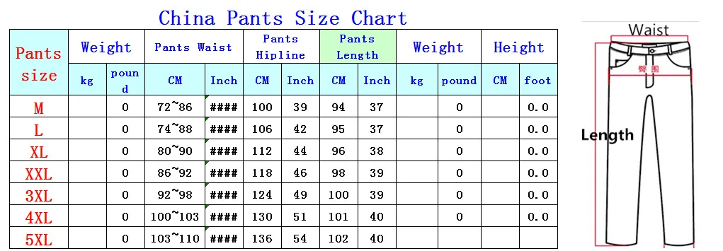 chinese pants size