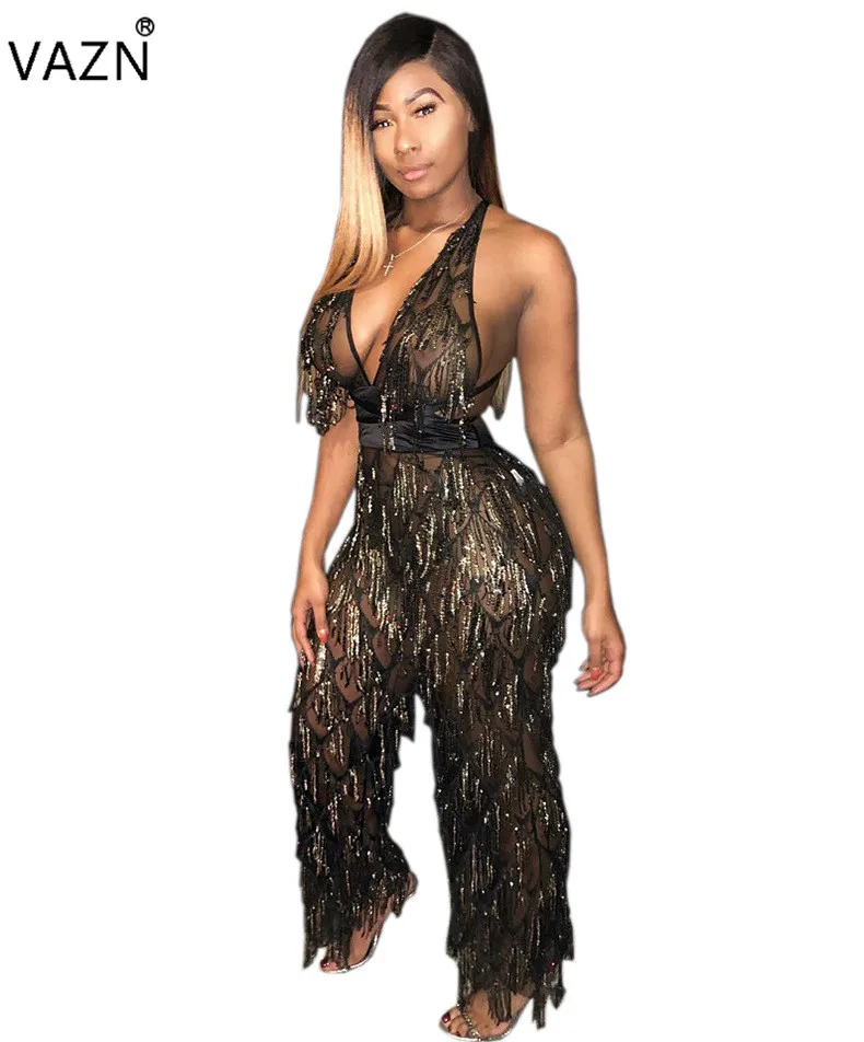 

VAZN Spring 2019 High Quality Women Solid Backless Jumpsuits Deep V-Neck Sleeveless Lady See Through Sequined Jumpsuits CY8078