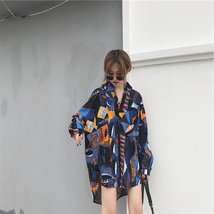 

2018 Summer Women Loose Multi Color Irregular Blouse V-Neck Collar Long Sleeve Casual Female Shirts Long Tops
