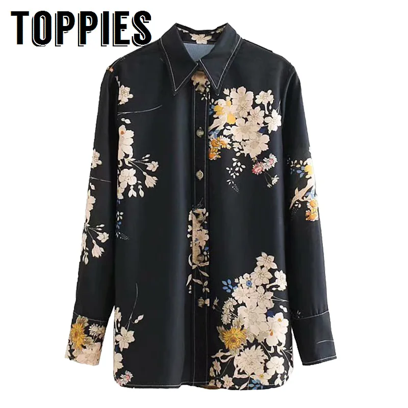 

Kimono Floral Printing Oversize Blouse Tops Vintage Long Sleeve Black Button Long Shirt blusas mjuer 2019