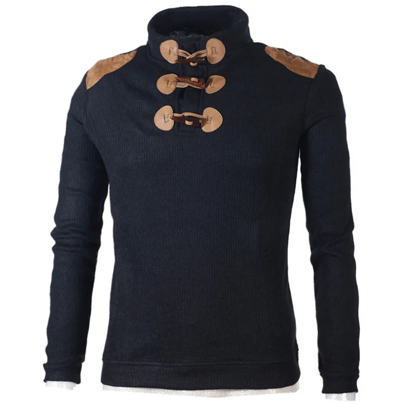 Осень, мужской свитер, пуловер, мужской, длинный рукав, с роговыми пуговицами, вязаный, водолазка, свитер, облегающий, черный, серый, пуловеры, S-2XL - Цвет: Черный