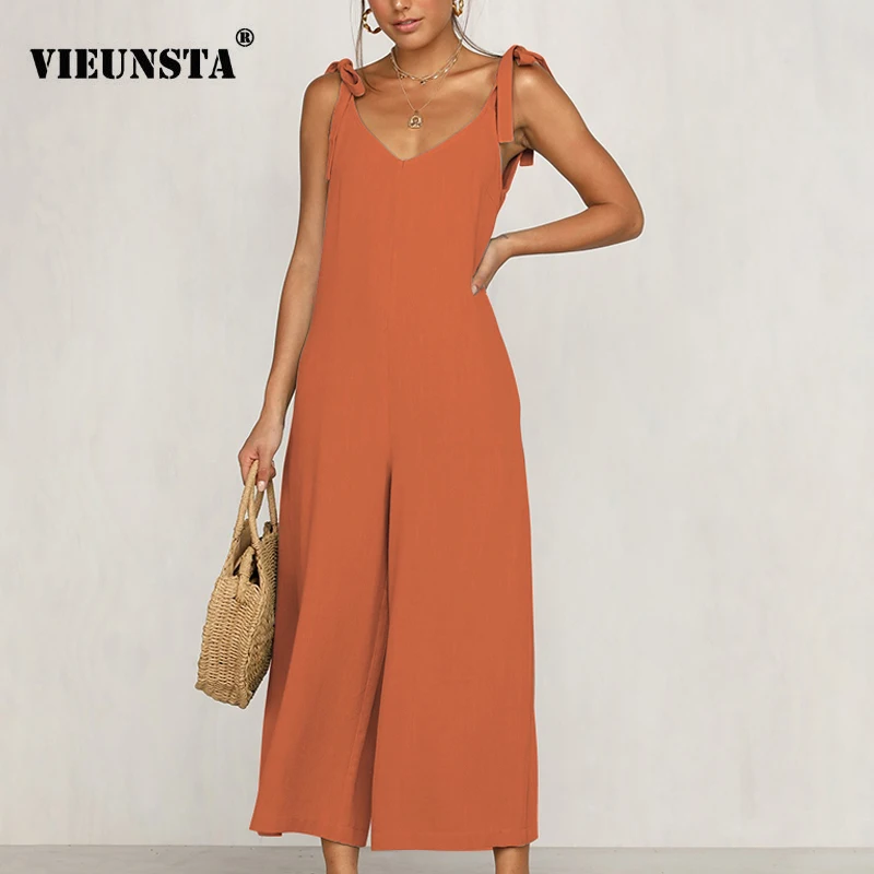 

VIEUNSTA Sexy Backless Off Shoulder Jumpsuit Summer Spaghetti Strap Lace Up Romper Women Wide Leg Elegant Beach Overalls Pockets