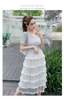 

Multi-layer cake dress summer female long V collar collection waist above the knee very fairy chiffon French niche dress