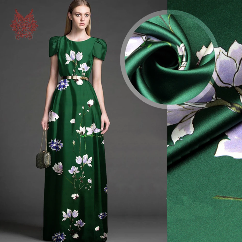 Designer Green With Floral Print Spandex Silk Fabric For Dress Stretch Silk Tissue Cloth Tela