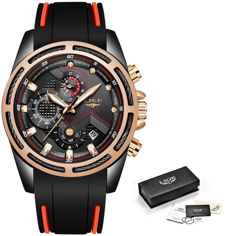 LIGE New Mens Watches Top Luxury Brand Men Unique Sports Watch Men's Quartz Date Clock Waterproof Wrist Watch Relogio Masculino - Цвет: Black rose