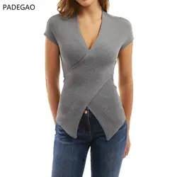 PADEGAO/Летняя футболка Для женщин рубашка черная футболка полиэстер топ с v-образным Tee Solid Tank XL S Повседневное футболки короткий рукав Camisas
