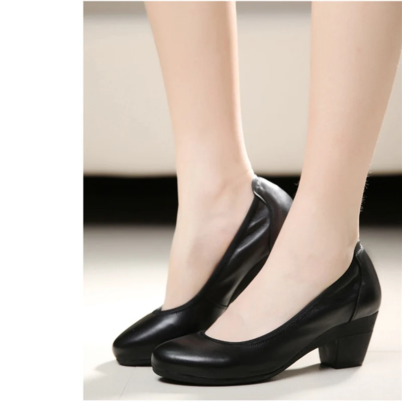 

2018 Women 5cm Low High Heels Genuine Leather Plus Size 32-42 43 Block Heels Female Bridal Pumps Lady Square Office Chunky Shoes