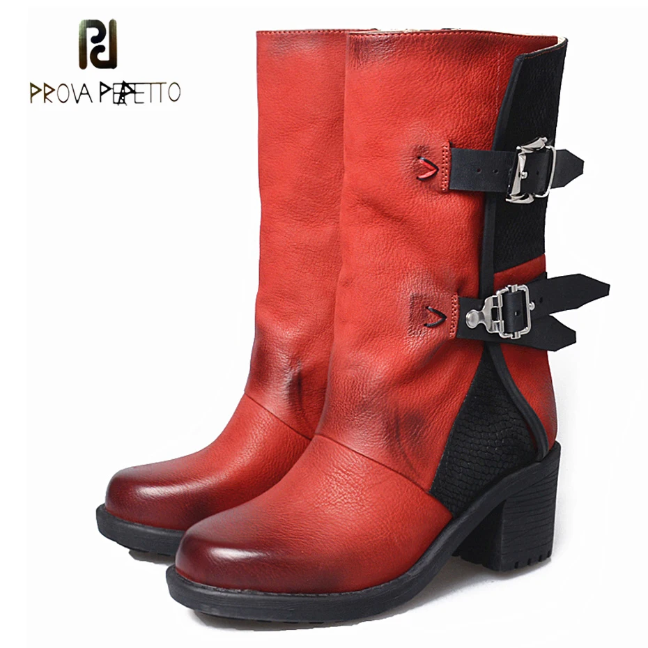 

Prova Perfetto do old genuine leather square toe martin boots women winter shoes buckle chunky heel short boots high quality