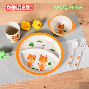 

Plant Bamboo Fiber Baby Tableware Sets Bowl Dish Plate Fork Spoon Cartoon 5pcs Dinnerware Eating Sets Environmental Children Set