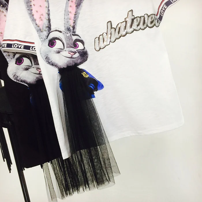 Летняя новая модная женская Кружевная футболка с коротким рукавом с милым Кроликом, Женская универсальная облегающая футболка с надписями и бисером