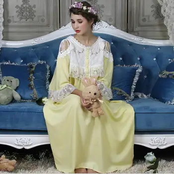 

Cotton lace embroidery Shoulder hollow women palacess nightgowns 2019 autumn new sweet sprincess long sleep dress