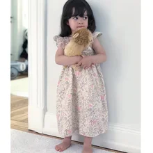 Платье для девочек платье принцессы на выход, без рукавов, летние платья для маленьких девочек с цветочным рисунком, с оборками и длинными Длина, модная одежда, платья, костюм для детей