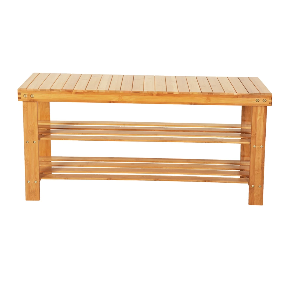 

Shoe Bench Rack 2-Tier Natural Bamboo Shelf Organizer Entryway Storage Wood Seat US