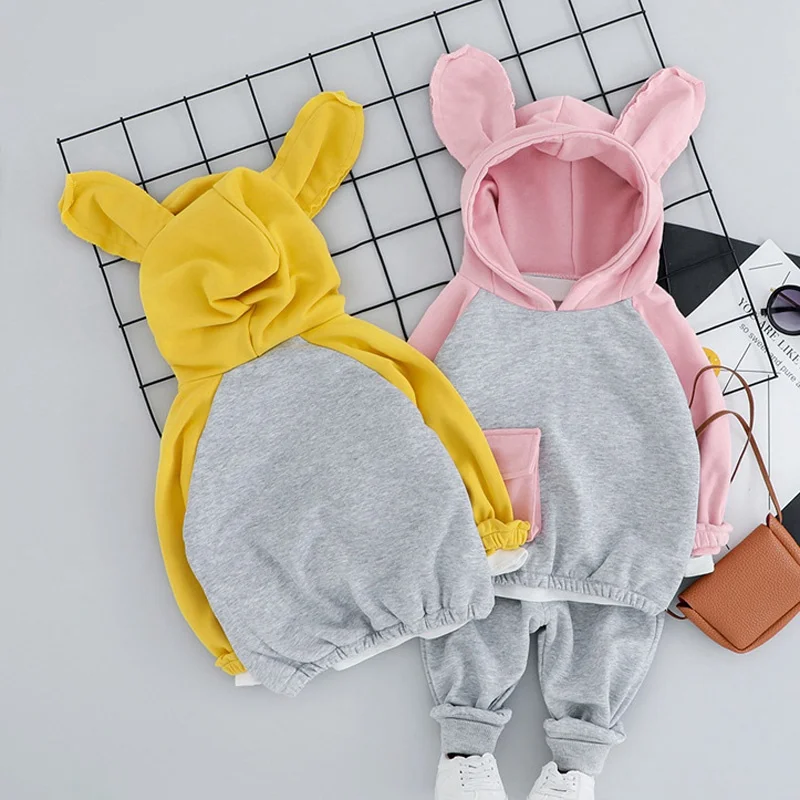 

Casual Autumn Baby Girls Kids Clothes Set Rabbit Ear Hooed Sweatershirt Pullover+Pants Trousers 2pcs Infants Tracksuit S9268