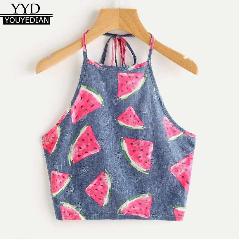 

2018 Summer Tank Top Womens Tunic Watermelon Print Sleeveless Crop Tops Sexy Spaghetti Strap Ladies Clothes Women haut femme