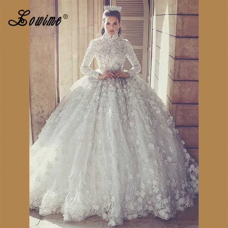 

Luxury Crystal Wedding Dress Cathedral Gowns 2017 Middle East Lace Bridal Wedding Dresses Turkey Long Sleeve Robe De Mariage