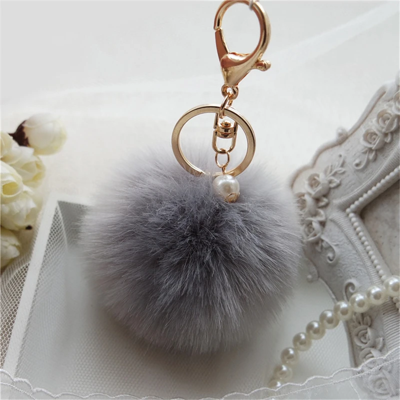

8cm Fluffy Rabbit Fur Ball Keychain Pearl Key Chain Fur Pompons Keychain Fur Pompom Keychain Porte Clef Charm S6340