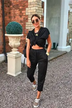 

Fashion New Women O Neck Long Sleeve Solid Tracksuit T Shirt + Cropped Trousers Sets Sport Lounge Wear Casual Suit sweat suit