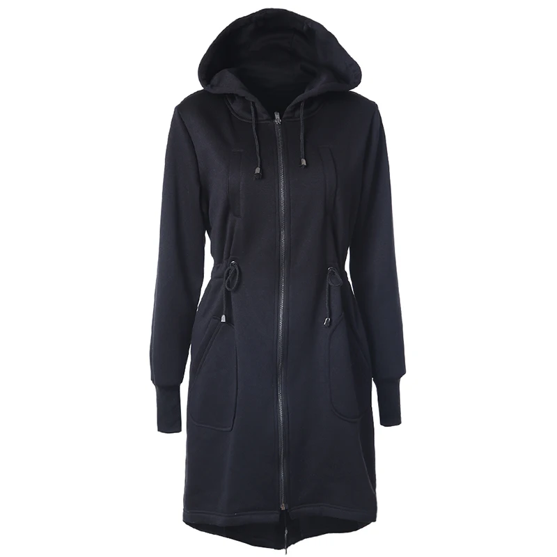 Womens Drawstring Hooded Coat Jacket Ladies Warm Zip Pocket Long Outerwear Parka