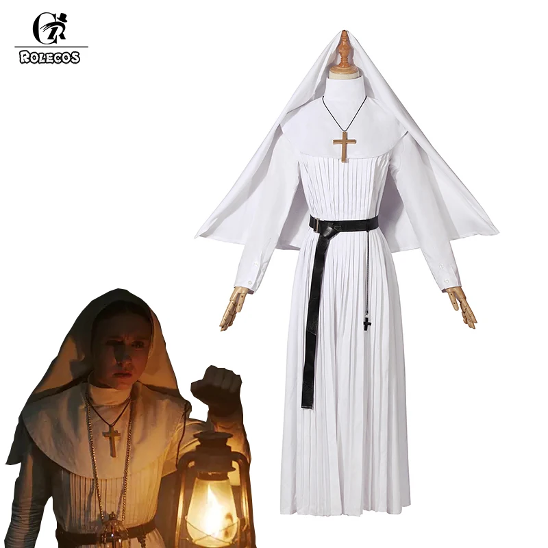 

ROLECOS Horror Movie The Demon Nun Cosplay Costume The Nun Irene Costume White Nun Uniform Dress for Women Cosplay Costume
