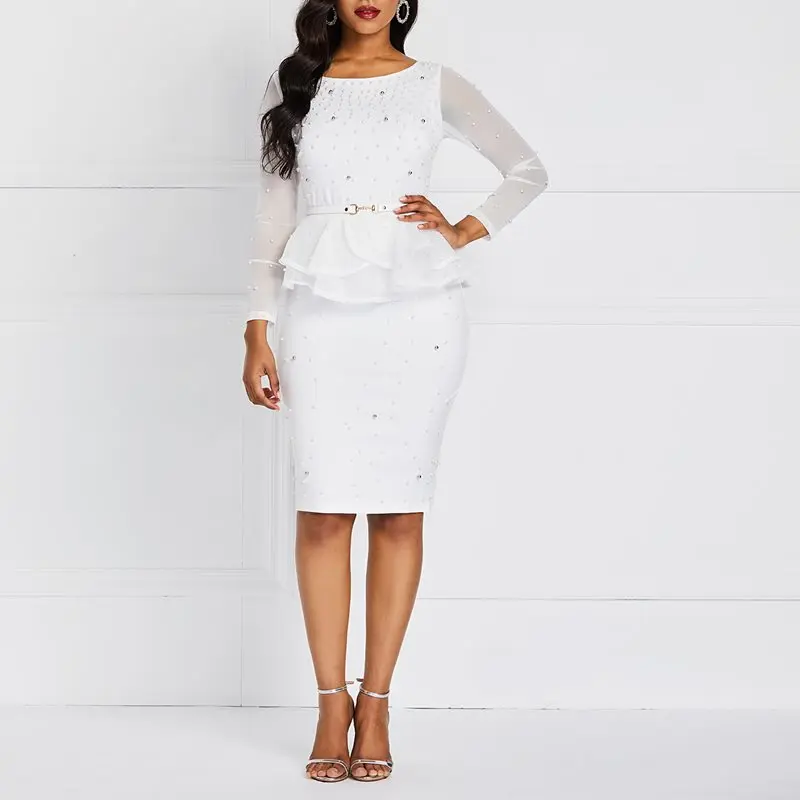 

Summer Elegant White Vintage Party African Women Midi Dresses Bodycon Beading Ruffles Office Lady Female Fashion Mesh Sexy Dress