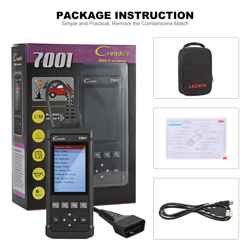 Launch CReader 7001 OBD2/EOBD сканер Авто диагностические инструменты 7001 OBDII считыватель кода печать данных через ПК и сброс масла для 61 автомобилей