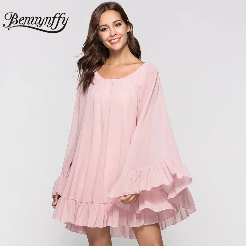 

Benuynffy Plus Size Ruffled Hem Chiffon Loose Dresses 2019 Summer Women O-neck Batwing Sleeve Poncho Dress Casual Vestidos