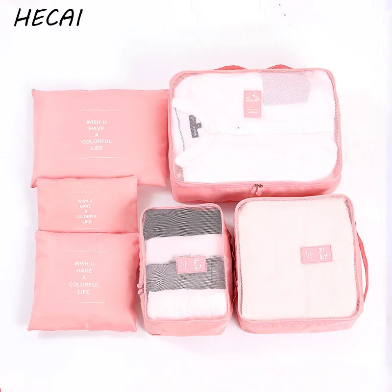 

HECAI 6PCS/Set Oxford Cloth Travel Mesh Bag In Bag High Quality Luggage Organizer Packing Cube Organiser for Clothing