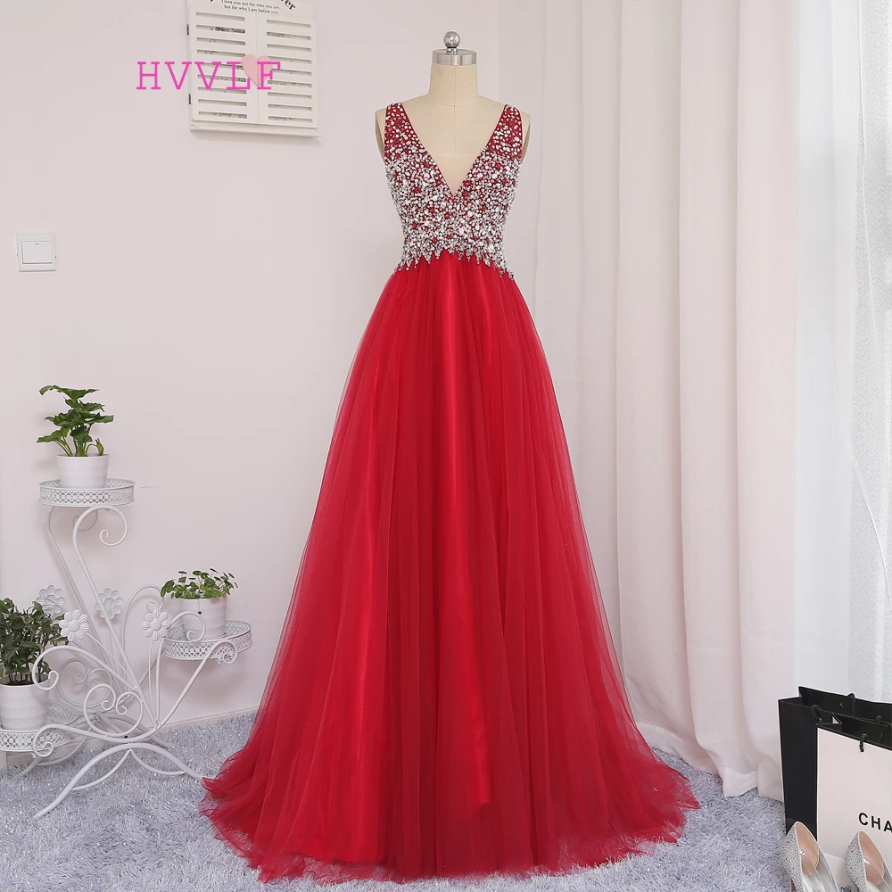 

HVVLF Red 2019 Prom Dresses A-line Deep V-neck Tulle Beaded Crystals Long Backless Prom Gown Evening Dresses Evening Gown