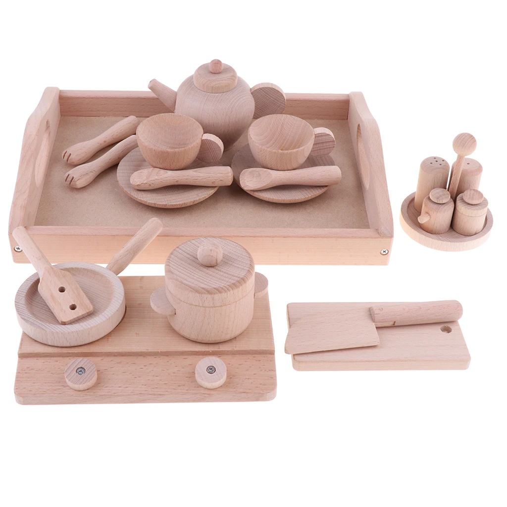 

21pcs Wooden Solid Beech Western Style Kitchen Toy Tea Set Tableware Pretend Play Game