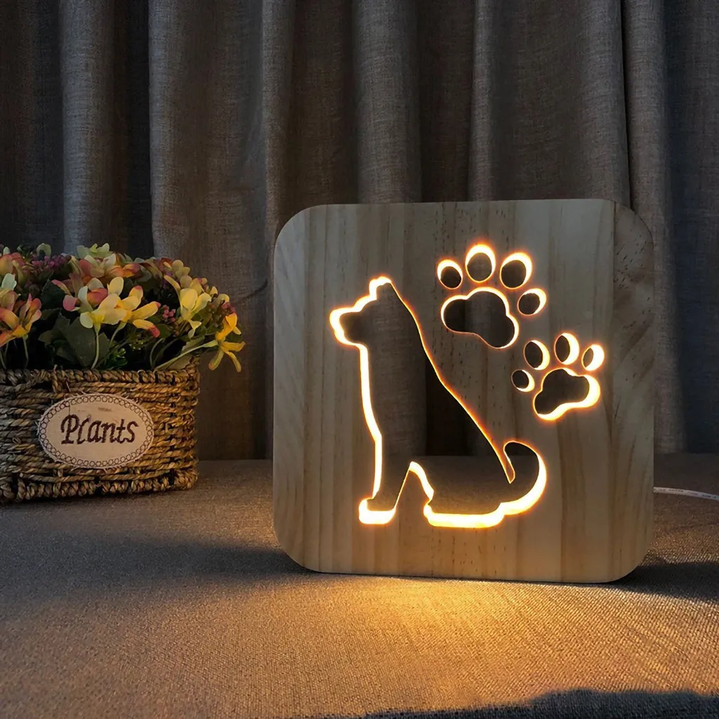 Wooden LED Night Light Animale Dog Paw Cat Lion Pet Shaped 3D USB Desk Lamp Drop shipping Freeshipping - Испускаемый цвет: AS PICTURE