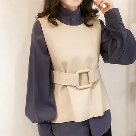 M-4xl Blusas Kimino Women Blouse With Vest and Belt Plus Size Autumn Long Sleeve Shirt Office Elegant Tops Blue 2022 DC51