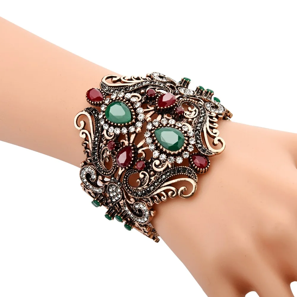 

Women Vintage Wide Cuff Bracelets & Bangles Blue Red Crystal Turkish Ethnic Style Big Statement Design 2018 New Retro Jewelry