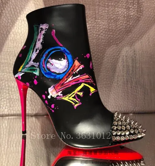 

Black Print Leather Colorful Letter Love Women Ankle Boots Thin High Heels Sexy Lady Pointed Toe Spikes Rivets Stud Shoes Woman