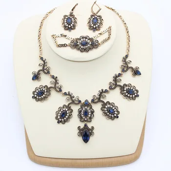 New Arrived Vintage Turkish Jewelry Sets Antique Gold Plating Necklace & Earrings & Ring & Bracelet  Women Engagement Party Gift