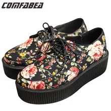 Women Platform Shoes Plus Size 35~42 2017 Vintage Womens Flat Platform Flower Fashion Creepers Goth Punk Shoes For Women